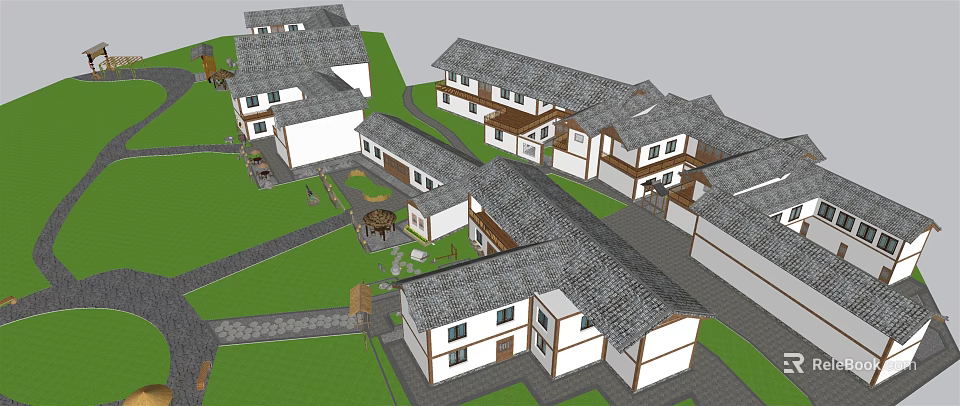 Traditional Chinese Guesthouse Architecture With White Walls Gray Tiled Roofs Green Lawns And Courtyard 3d model 