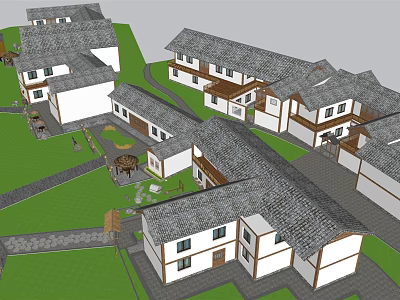 Traditional Chinese Guesthouse Architecture With White Walls Gray Tiled Roofs Green Lawns And Courtyard 3d model