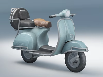 Light Blue Vintage Scooter With Dual Black Brown Seats And Rear Storage Box 3d model