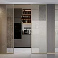 Modern Interior Sliding Doors with Textured Glass Connecting Kitchen and Open Living Space