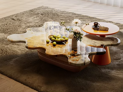 Modern Marble Coffee Table With Unique Shape And Fruits On Gray Rug 3d model