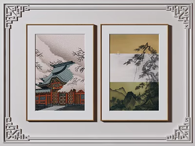 Traditional Chinese Framed Paintings With Landscape Scenery And Architecture Decor 3d model