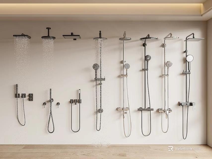 Various Modern Shower Heads Including Rainfall And Handheld Wall Mounted Designs 3d model 