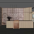 Modern Reception Desk Interior Design With Wooden Counter Patterned Screen And Pendant Lights