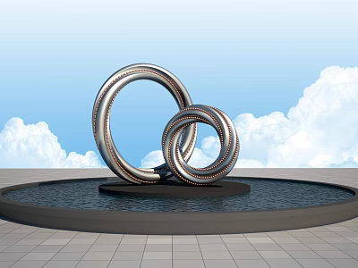 Garden Ornament With Intertwined Metal Rings On Circular Water Basin Against Blue Sky 3d model