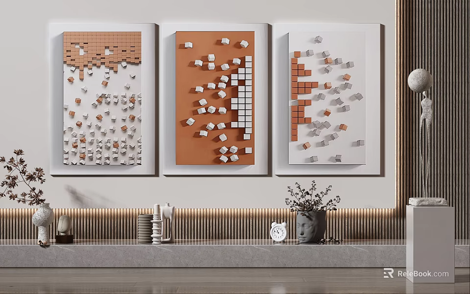 Three Abstract Decorative Paintings With Square Patterns On Orange White Backgrounds And Tabletop Decorations 3d model