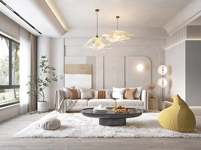 Modern Living Room Interior Design With White Sofa Decorative Pillows And Yellow Ottoman 3d model