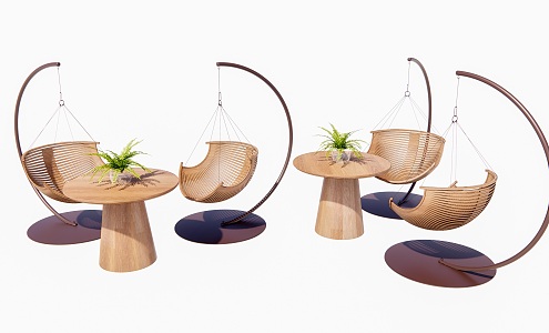 Modern Hanging Chair Outdoor Balcony Solid Wood Hanging Chair Coffee Table Combination Ornaments Combination Outdoor Creative Solid Wood Hanging Chair Ironwork Green Plant Ornaments 3d model