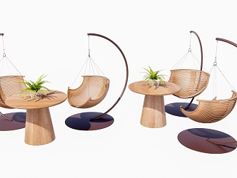 Modern Hanging Chair Outdoor Balcony Solid Wood Hanging Chair Coffee Table Combination Ornaments Combination Outdoor Creative Solid Wood Hanging Chair Ironwork Green Plant Ornaments 3d model