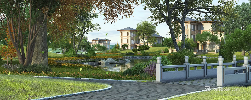 Detached Villa Surrounded by Lush Trees Serene Pond and Scenic Garden Pathway 3d model 