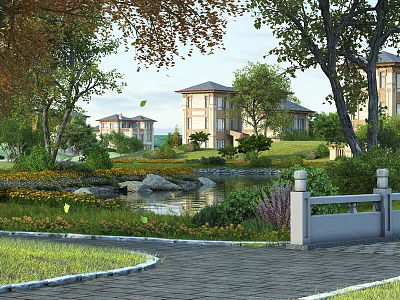 Detached Villa Surrounded by Lush Trees Serene Pond and Scenic Garden Pathway 3d model
