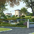 Detached Villa Surrounded by Lush Trees Serene Pond and Scenic Garden Pathway