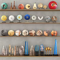 Decorative Ornament Set on Multilayer Shelves with Various Shapes Colorful Designs for Home Decoration