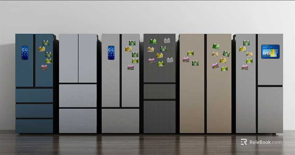 Row of Refrigerators in Various Colors with Magnetic Stickers on Doors 3d model 