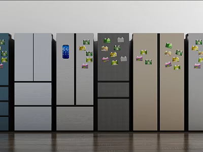 Row of Refrigerators in Various Colors with Magnetic Stickers on Doors 3d model