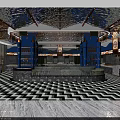 Luxurious Restaurant Interior With Blue Columns And Herringbone Floor Design 3d model
