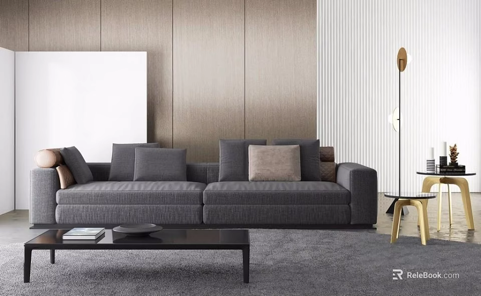 Gray Two-Seater Sofa with Soft Cushions Wooden Wall Coffee Table and Floor Lamp Rug 3d model 