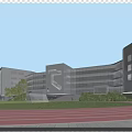 Modern Glass School Campus Buildings With Running Track And Students Activity