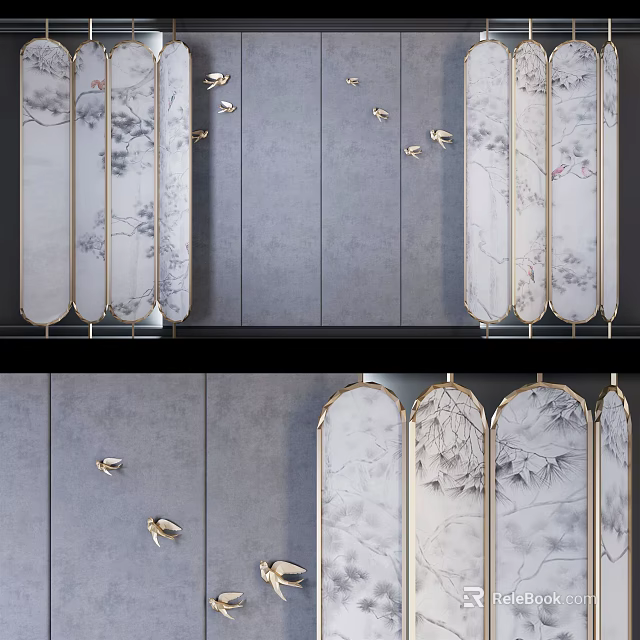 Elegant Modern Background Wall With Golden Framed Ink Wash Landscape Screens And Flying Bird Decorations 3d model 