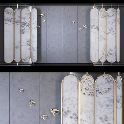 Elegant Modern Background Wall With Golden Framed Ink Wash Landscape Screens And Flying Bird Decorations 3d model