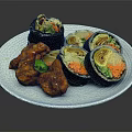 Delicious Black Rolls With Fried Chicken Pieces And Fresh Vegetables On White Plate