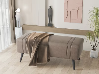 Brown Striped Ottoman With Blanket And Black Legs In Wooden Floor Interior 3d model