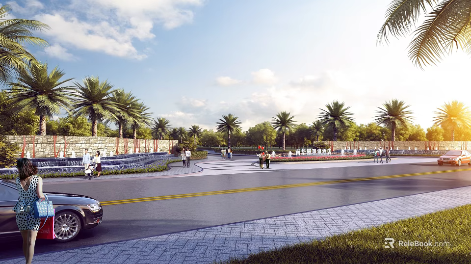 Entrance Gate In Open Public Space With Palm Trees Landscaping And Pedestrian Pathway 3d model 
