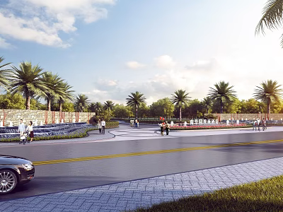 Entrance Gate In Open Public Space With Palm Trees Landscaping And Pedestrian Pathway 3d model