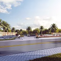Entrance Gate In Open Public Space With Palm Trees Landscaping And Pedestrian Pathway