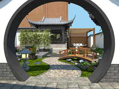 Chinese Style Garden View Through Circular Archway With Pavilion Small Bridge And Stone Path 3d model