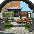 Chinese Style Garden View Through Circular Archway With Pavilion Small Bridge And Stone Path