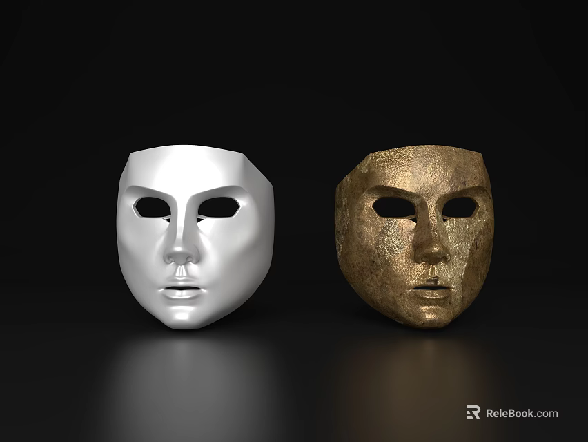 Decorative Ornament Set With White And Gold Masks On Black Background 3d model 