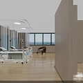 Modern Hospital Room Interior With Bed TV Chairs Window And Paintings