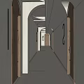 Modern Hotel Corridor Interior With Arched Doorways Wooden Doors And Linear Lighting