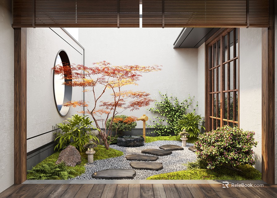 Traditional Courtyard Garden With Round Window Red Maple Tree Stone Stepping Stones And Green Plants 3d model 