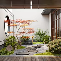 Traditional Courtyard Garden With Round Window Red Maple Tree Stone Stepping Stones And Green Plants