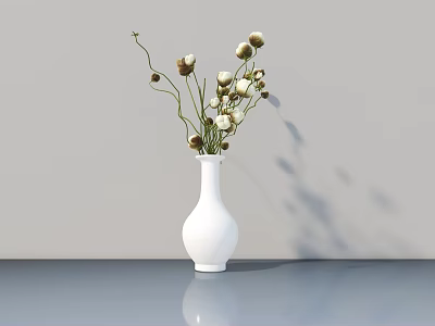 White Vase With Dried Flowers On Shiny Tabletop Light Gray Background 3d model
