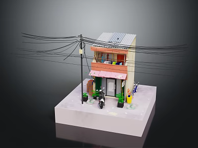 Two Story Residential Building With Red Awning Front Entrance People Figures And Overhead Wires 3d model