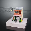 Two Story Residential Building With Red Awning Front Entrance People Figures And Overhead Wires