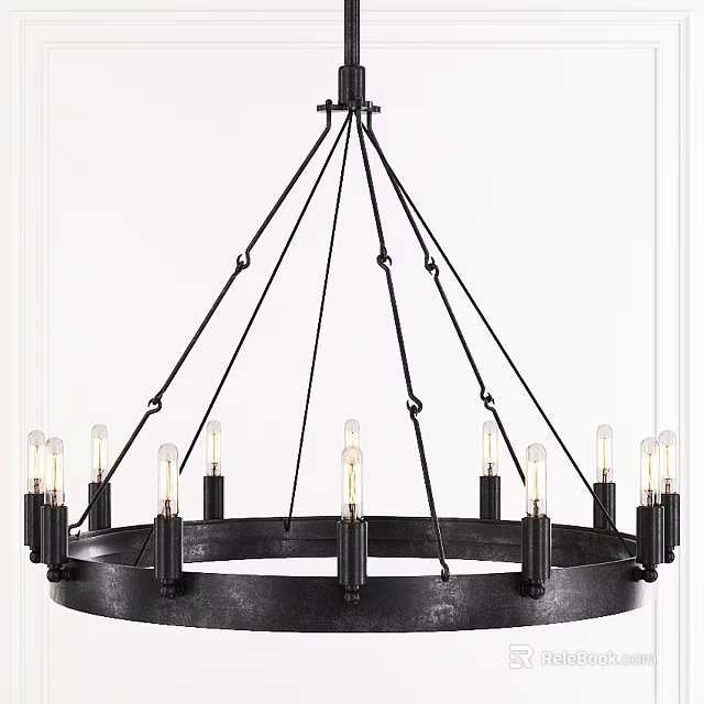 Modern Industrial Black Metal Round Chandelier With Exposed Filament Bulbs 3d model 