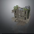 Detailed Ruined Building Structure With Green Plants Balconies And Stone Slabs