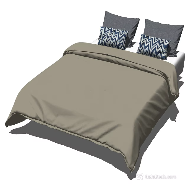 Double Bed With Beige Comforter And Blue White Geometric Pattern Pillows 3d model
