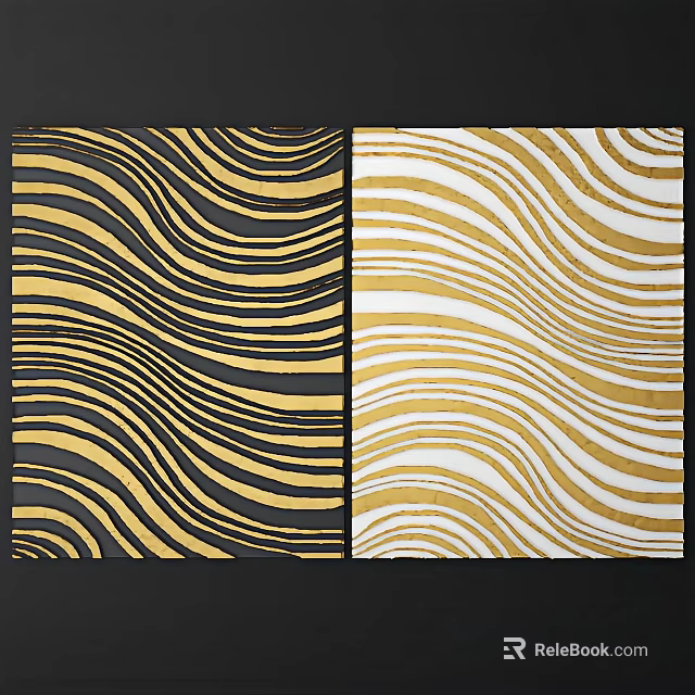Pair of Abstract Paintings With Black White Background And Gold Wavy Lines 3d model 