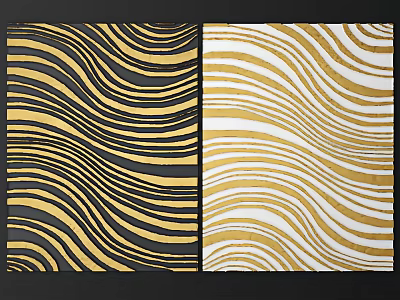 Pair of Abstract Paintings With Black White Background And Gold Wavy Lines 3d model