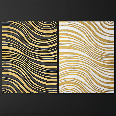 Pair of Abstract Paintings With Black White Background And Gold Wavy Lines 3d model