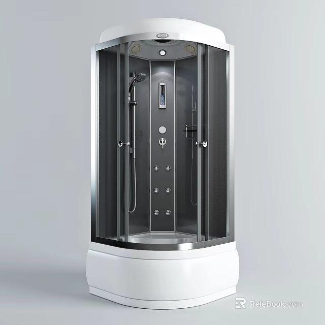 Modern Glass Shower Cabin With Silver Frame White Base And Control Panel 3d model 
