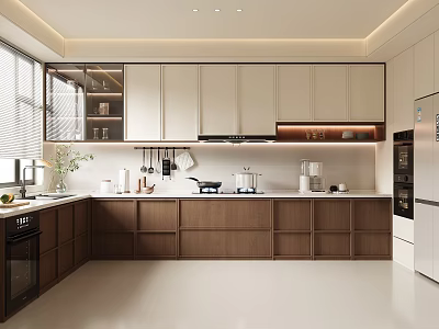 Modern Kitchen With White And Wood Cabinets Stone Countertop And Appliances 3d model
