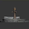 Brass Fountain With Circular Stone Base And Paved Surface With Grass 3d model