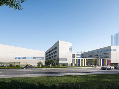 Modern School Building Exterior Design With Large Windows And Colorful Entrance Area 3d model
