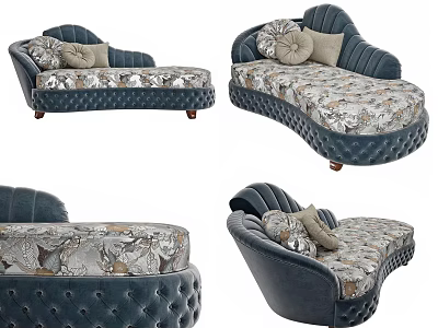 Luxury Chaise Lounge with Floral Pattern Cushions and Navy Blue Tufted Frame 3d model